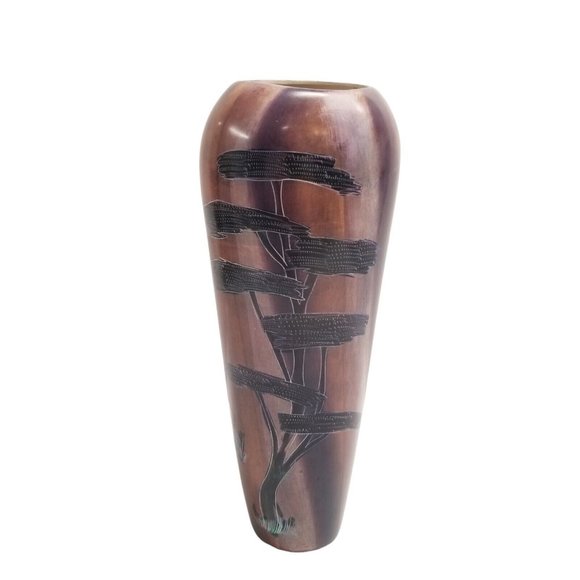 Stone Vase Hand Carved African Alabaster SIGNED Etched Scenes Gazelle Animal VTG - Picture 2 of 16